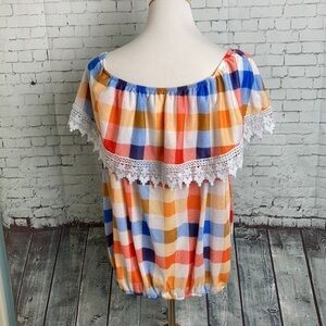 Paper + Tee Eyelet Lace Orange Blue White Checkered Off Shoulder Top 2X Vacation